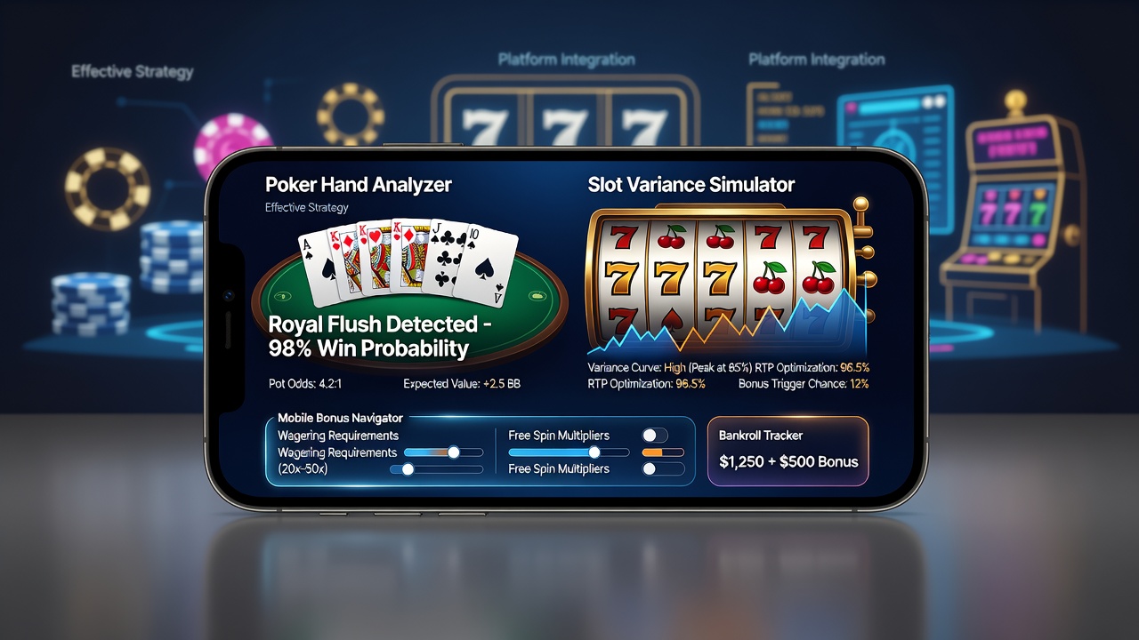 Mobile device displaying poker table interface alongside slot reels with variance indicators highlighted