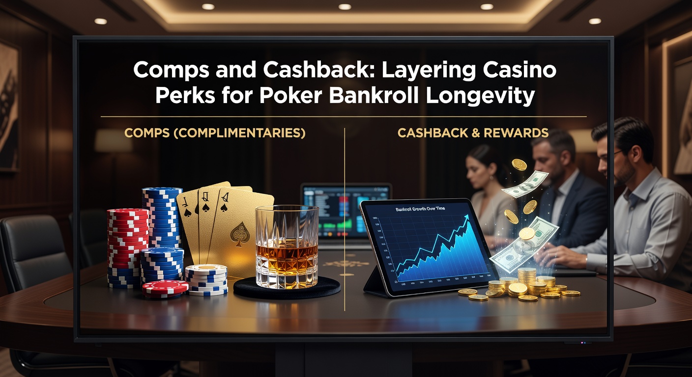 Poker players at a casino table reviewing comp offers on a loyalty app, with chips and cards in the foreground