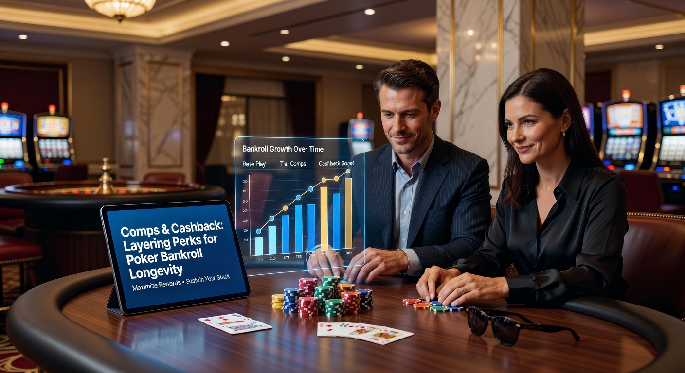 Casino loyalty card interface showing comp balances, cashback earnings, and poker session tracking on a mobile screen amid a bustling poker room