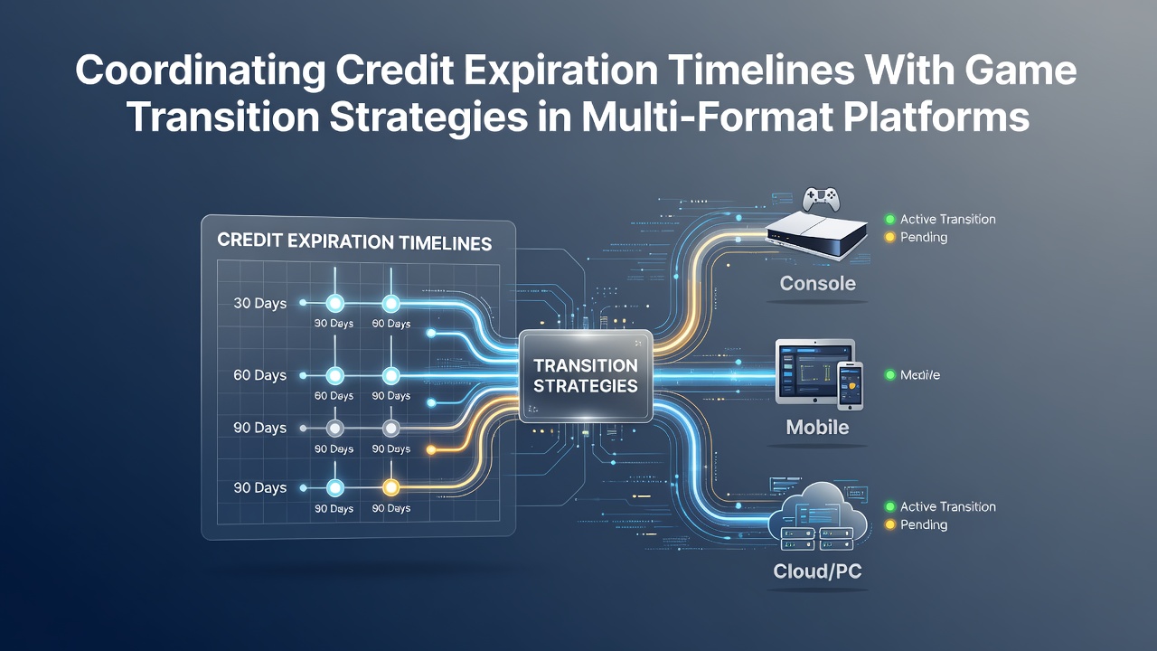 Illustration of credit timelines syncing with game transitions across desktop, mobile, and tablet casino platforms