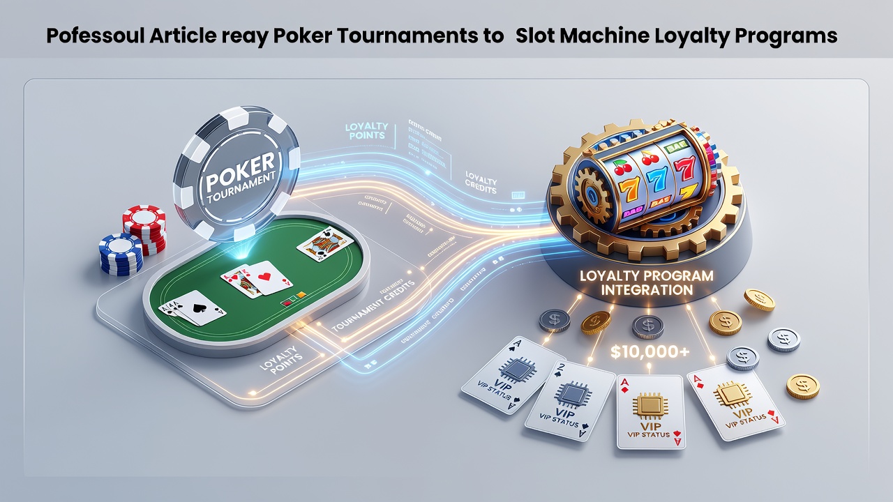 Casino floor showing poker tables adjacent to rows of slot machines with loyalty program displays