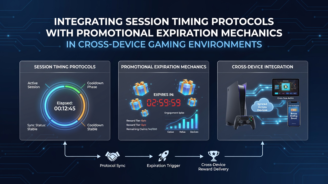 Illustration of synchronized gaming sessions across mobile and desktop devices with timer overlays and promotional countdowns