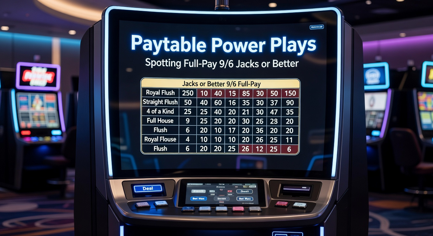 Close-up of a video poker screen showing the full-pay 9/6 Jacks or Better paytable with highlighted payouts for full house and flush hands