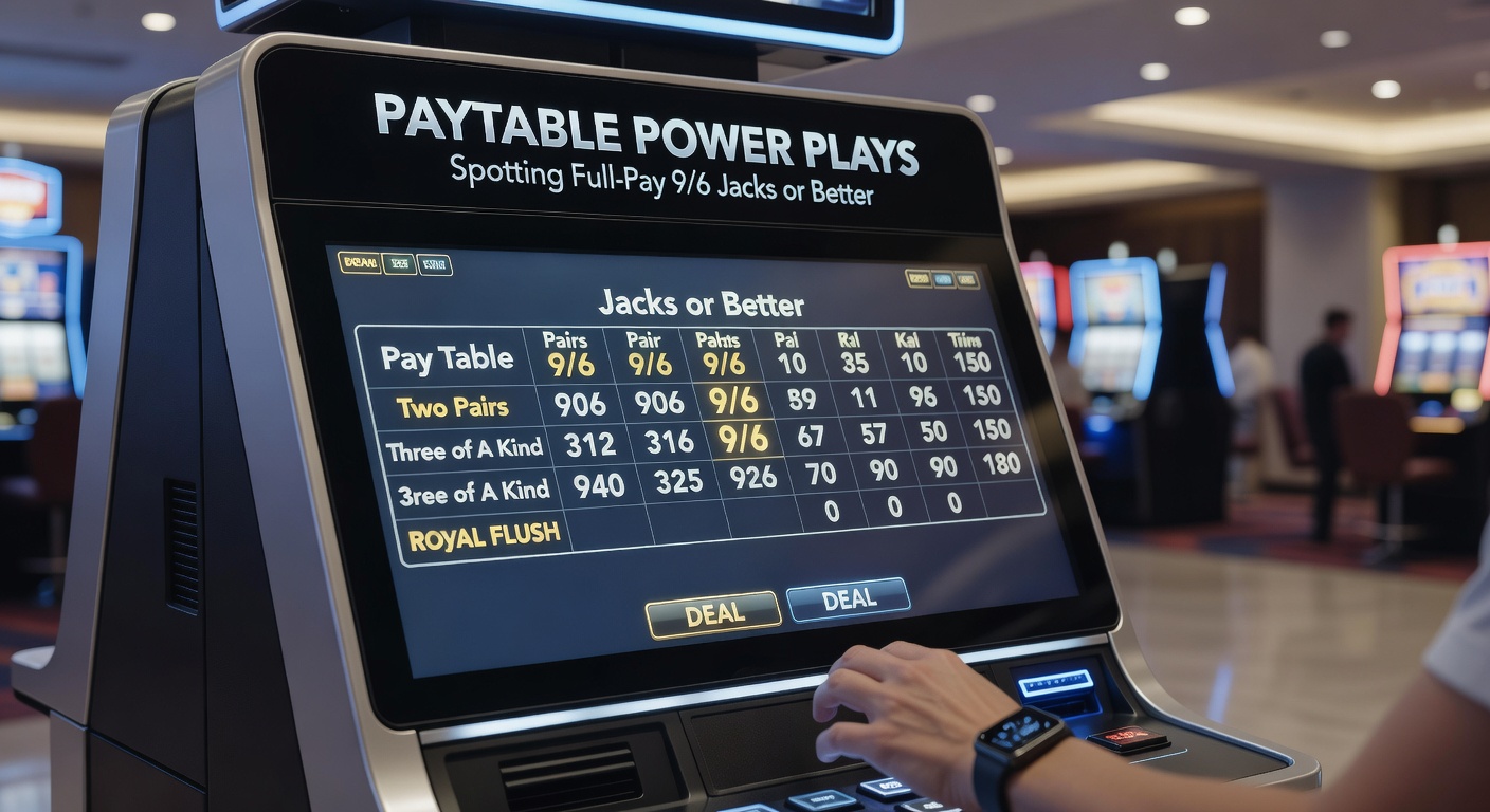 Player at a casino video poker bank examining paytables on multiple machines side by side