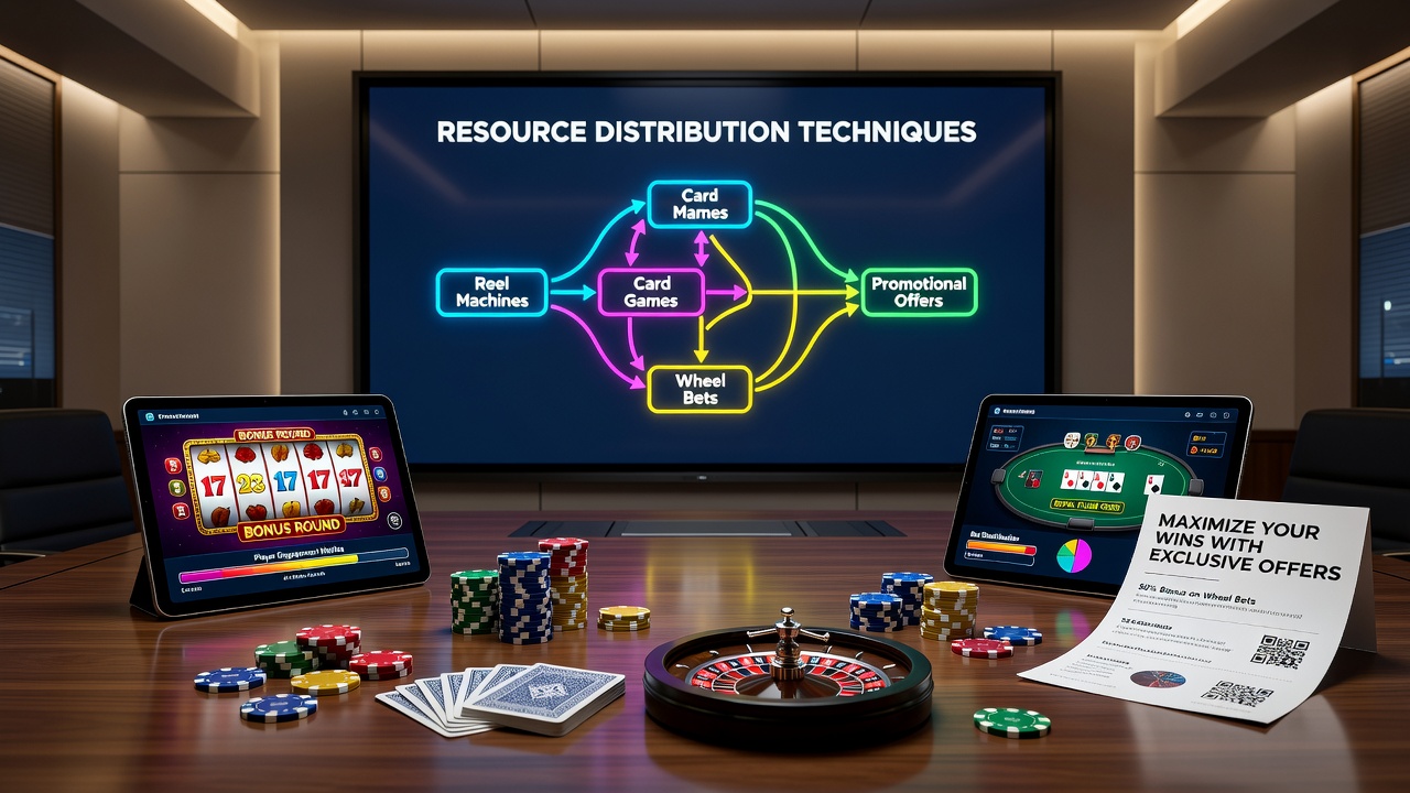 Resource allocation charts showing distribution patterns across slot reels, card game tables, and roulette wheels wth bonus indicators