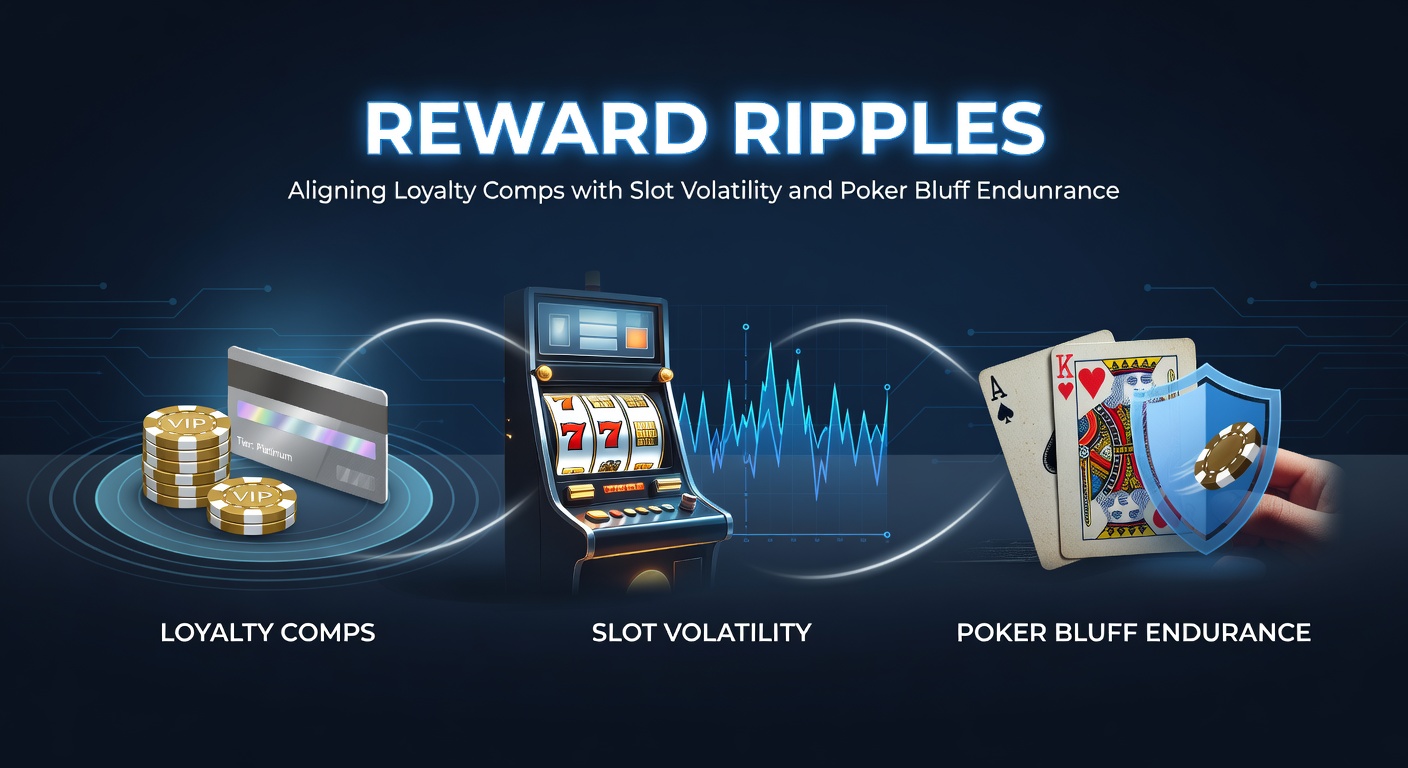 Dynamic casino scene showing loyalty reward cards overlayed on spinning slot reels and poker table bluffs