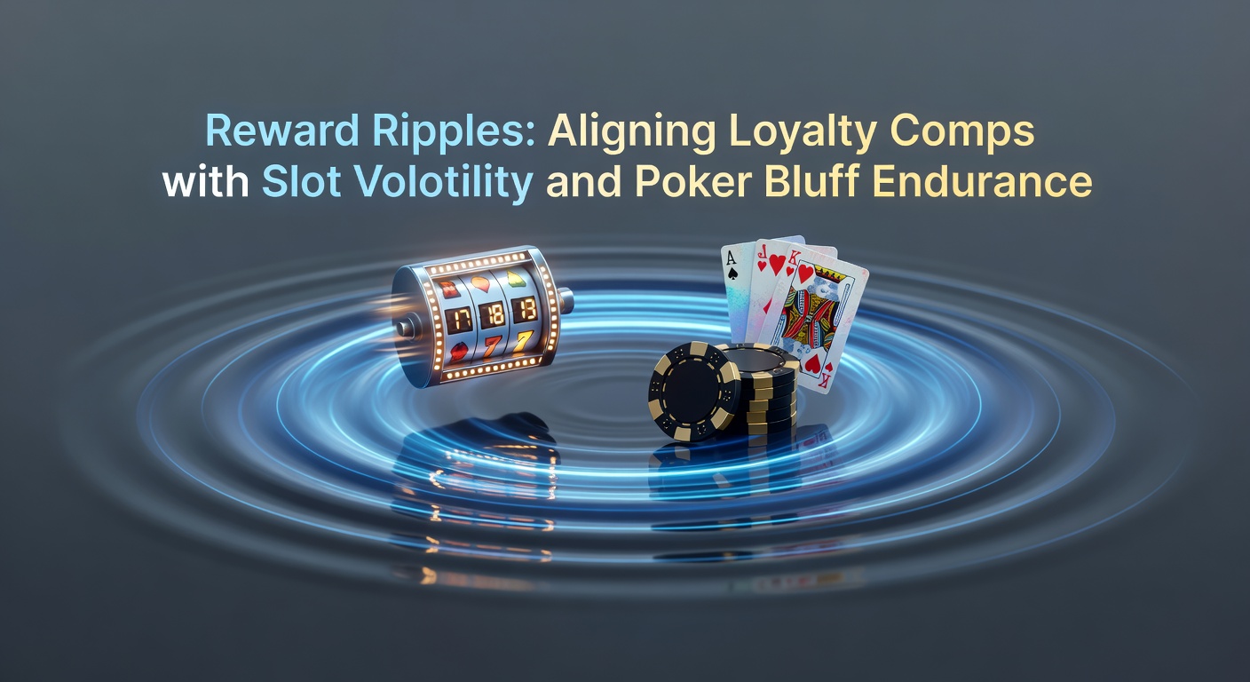 Poker player mid-bluff at a table with slot volatility charts and loyalty app notifications in the background