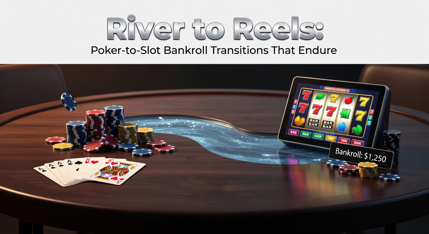 Poker chips stacked beside colorful slot machine reels, symbolizing bankroll transition from table games to spins