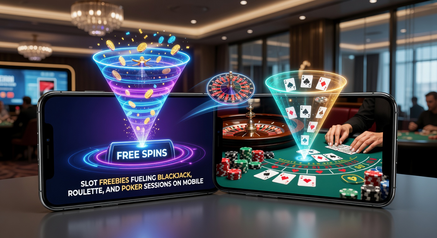 Vibrant mobile screen showing slot free spins transitioning to a live blackjack table with chips stacking up