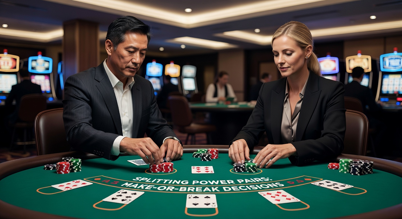 Close-up of blackjack strategy chart highlighting pair splits, with aces and eights marked in green for always split zones