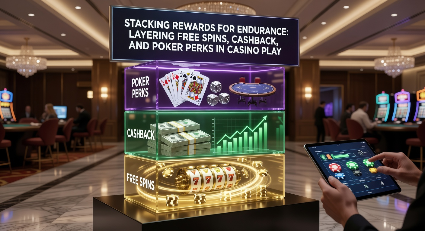 Dynamic split-view of a poker hand in progress alongside a slot reel cascade and cashback notification popup, demonstrating multi-game reward stacking in action during a prolonged casino session
