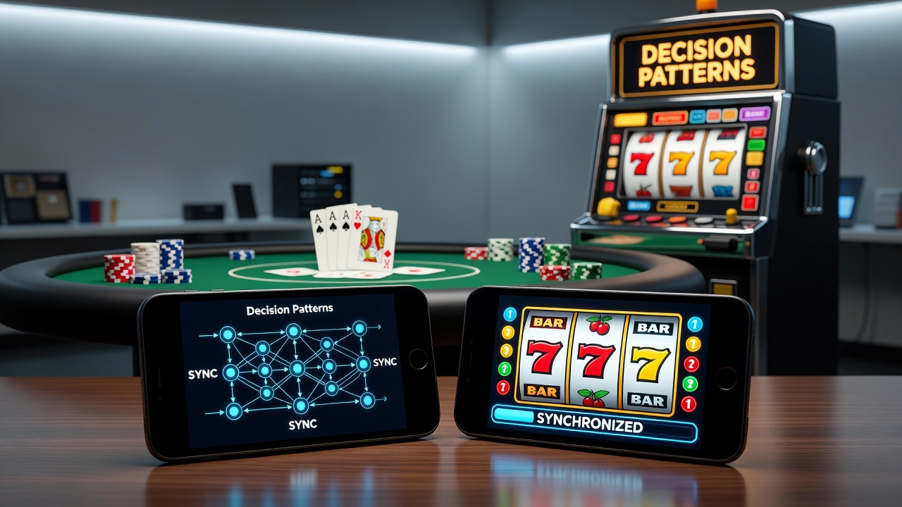 Mobile device displaying synchronized interfaces for card table and slot reel games