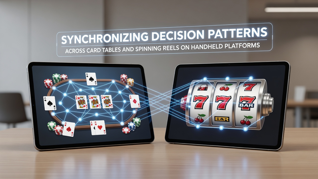 Close-up of handheld screen showing decision tracking across blackjack and slot interfaces