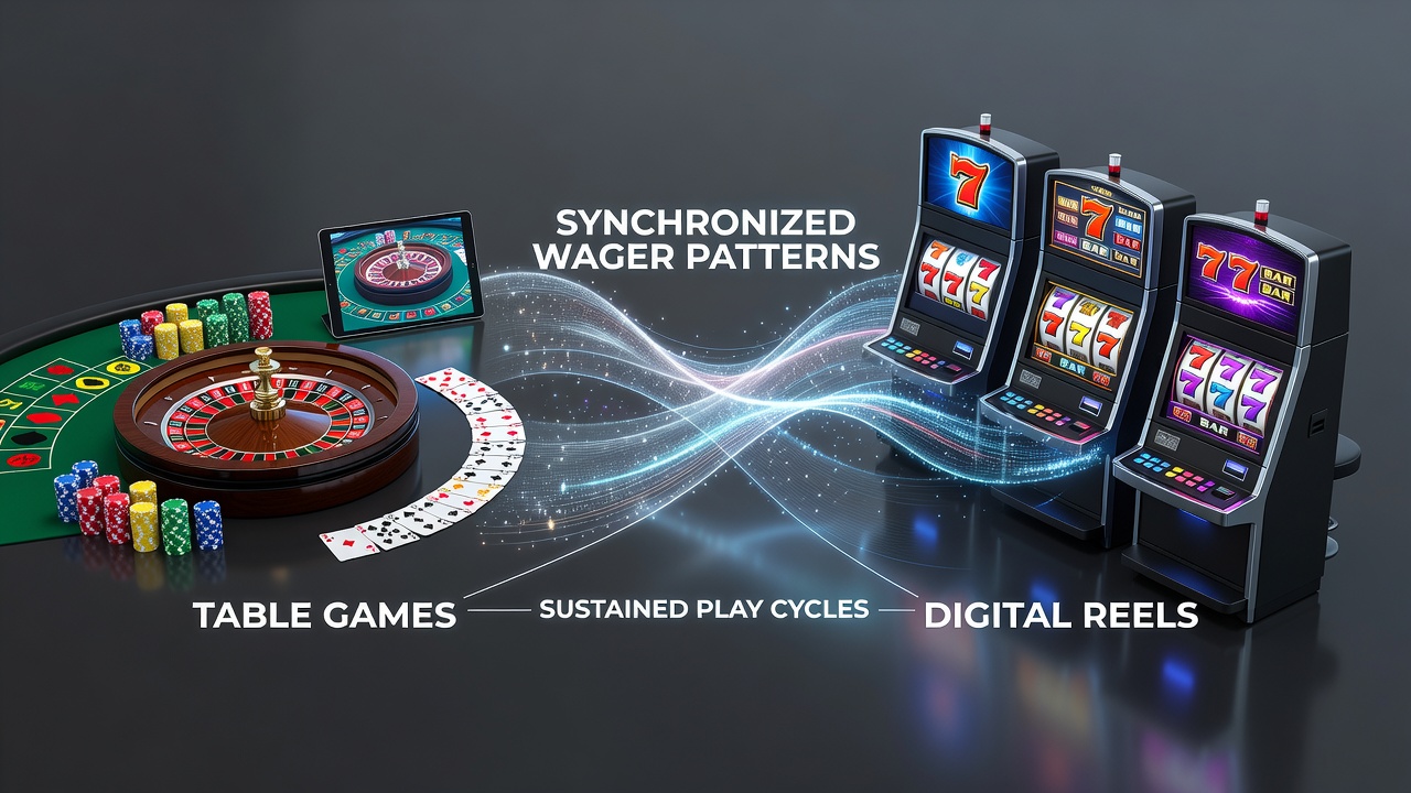 Casino floor showing synchronized play between roulette tables and nearby slot machines during evening hours