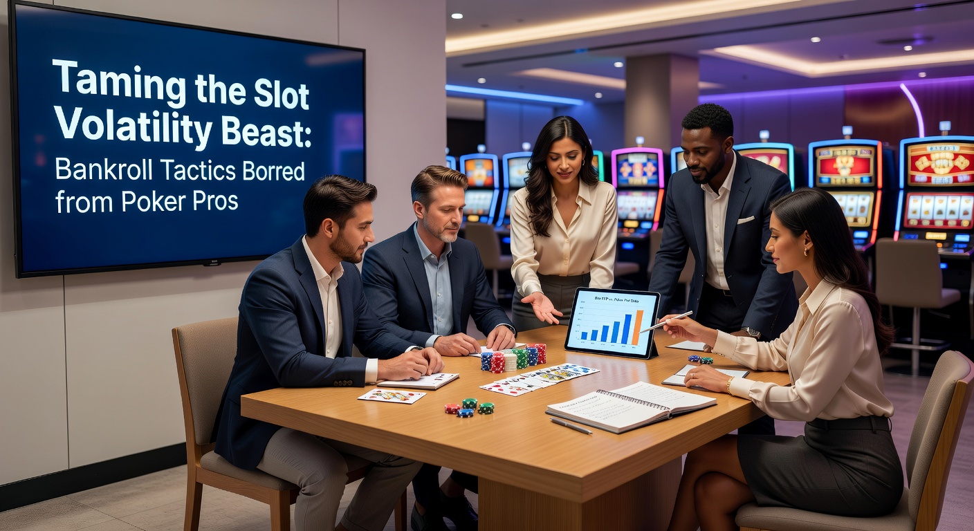 A poker pro reviewing bankroll charts next to slot volatility graphs, highlighting shared mathematical principles