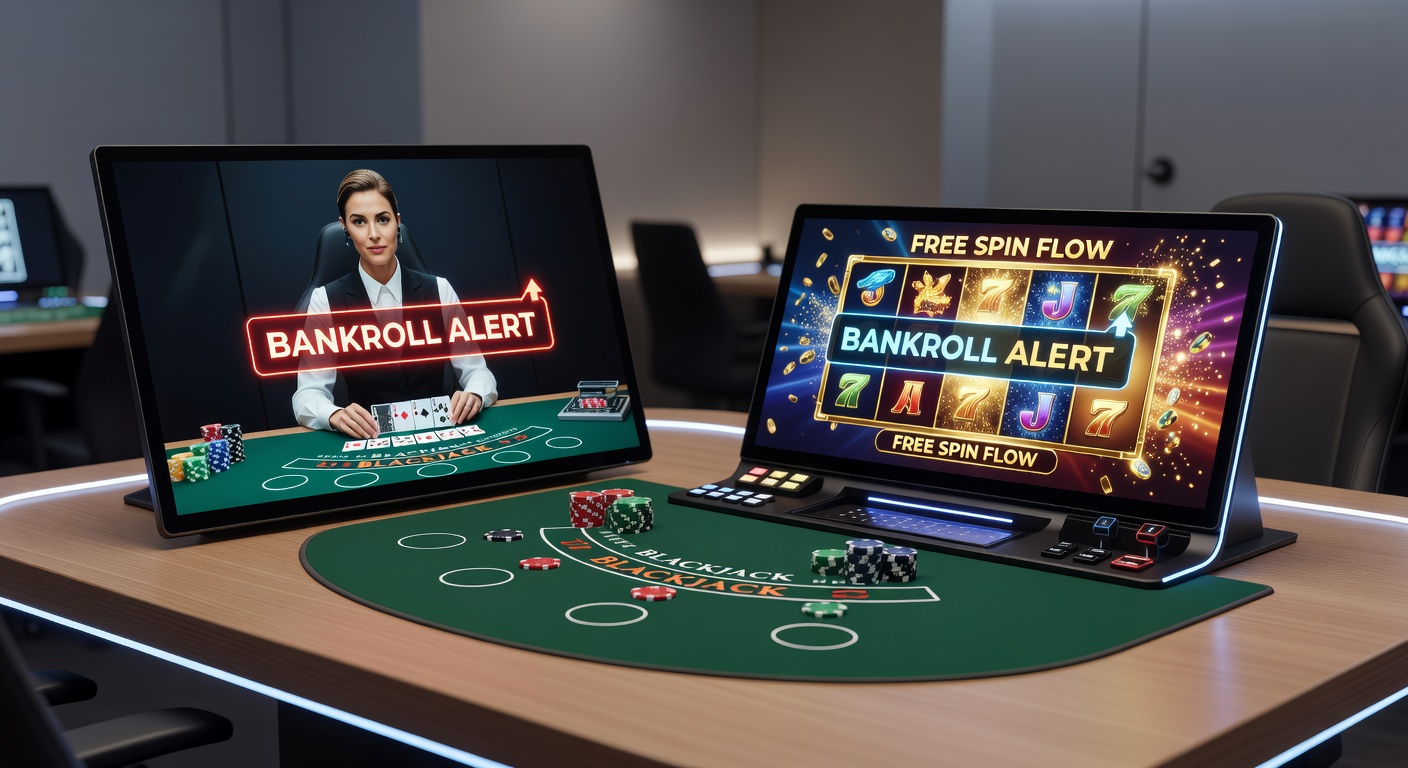 Player interface displaying interconnected bankroll alerts across blackjack table and slot reels