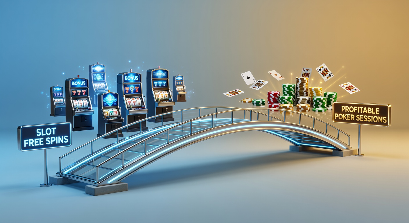 Casino player transitioning from vibrant slot machines with free spins to a focused poker table session, symbolizing bankroll growth