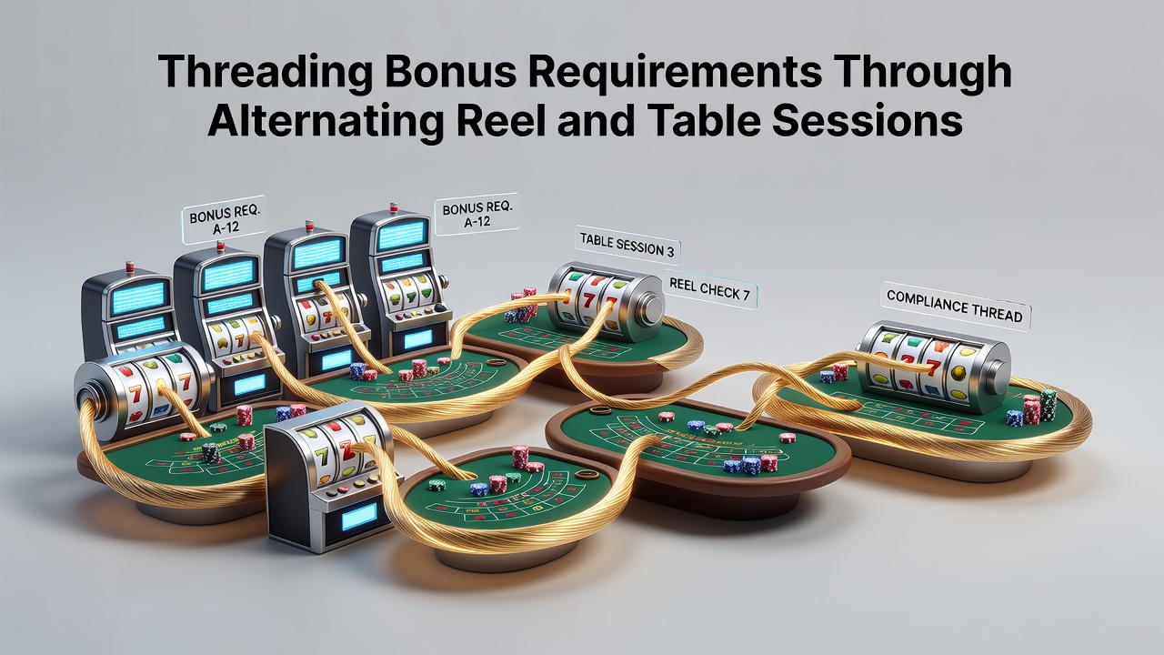 A casino floor showing alternating slot machines and table game areas with players moving between them during bonus play sessions
